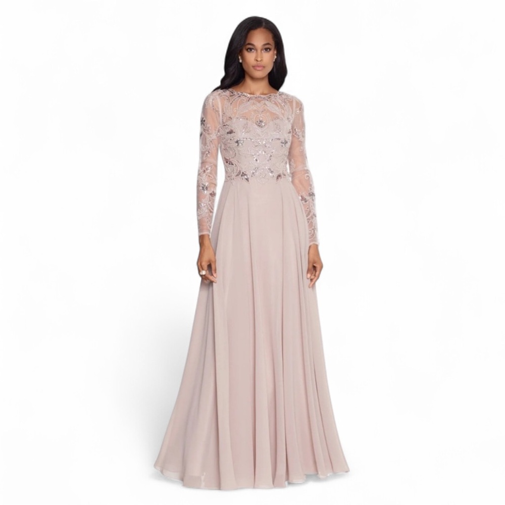 Xscape “MASON" LONG SLEEVE BEADED CHIFFON GOWN